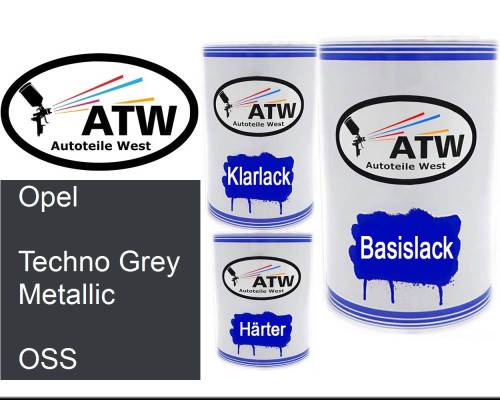 Opel, Techno Grey Metallic, OSS: 500ml Lackdose + 500ml Klarlack + 250ml Härter - Set, von ATW Autoteile West.